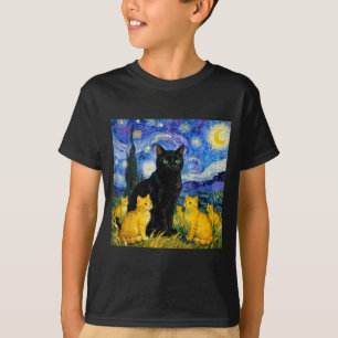 Sterrennacht Kat Artistieke Zwarte Kat & Kittens T-shirt