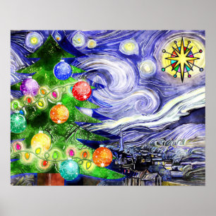 Sterrennacht kerstboom Waterverf Poster