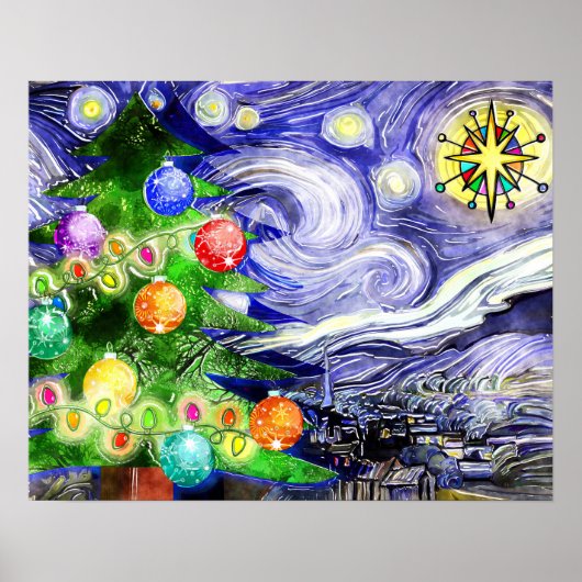 Sterrennacht kerstboom Waterverf Poster (Voorkant)