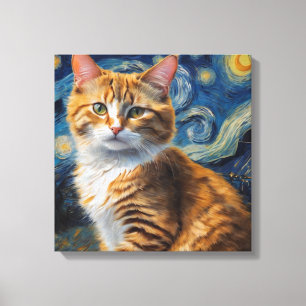 Sterrennacht kunst met een kat canvas afdruk