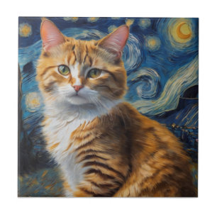 Sterrennacht kunst met een kat tegeltje