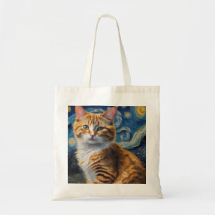 Sterrennacht kunst met een kat tote bag