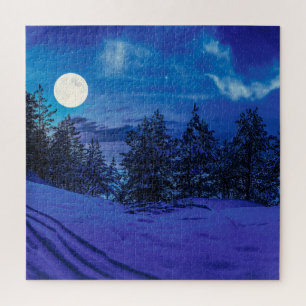 Sterrennacht met volle maan in puzzel in de bosbou