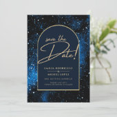 Sterrennacht Navy Blue Gold Wedding SAVE DATE Kaart (Staand voorkant)