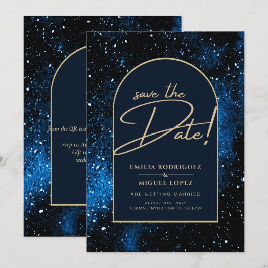 Sterrennacht Navy Blue Gold Wedding SAVE DATE Kaart (Voorkant / Achterkant)