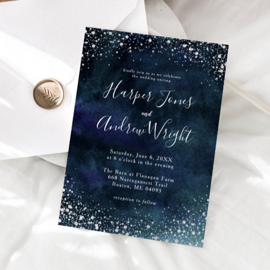 Sterrennacht Navy Blue Silver Glitter Wedding Kaart