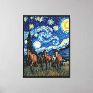 Sterrennacht Rennende Paarden Canvas Afdruk