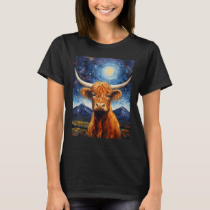 Sterrennacht Schotse Hooglander Koe van Gogh Schil T-shirt