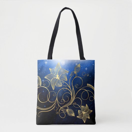 Sterrennacht Sky, Gold Vine Flowers Monogram/Naam Draagtas (Voorkant)