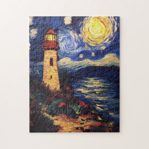 Sterrennacht vuurtoren schilderij legpuzzel