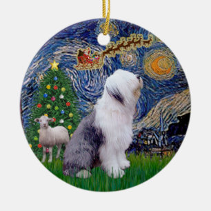 Sterrennacht Xmas - Oude Engelse Sheepdog Keramisch Ornament