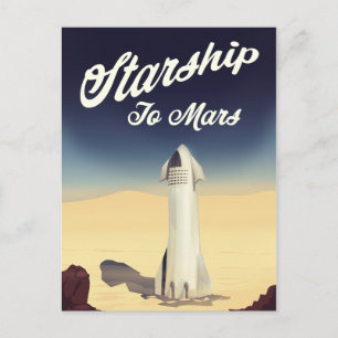 Sterrenschip naar Mars retro stijl ruimtereis. Briefkaart