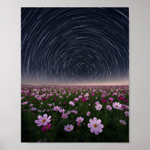 Sterrensporen Cosmos Bloemenveld Nachtelijke Hemel Poster