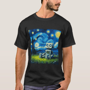 Sterrige Nacht Robot Grappige Schilderkunst Kunst T-shirt