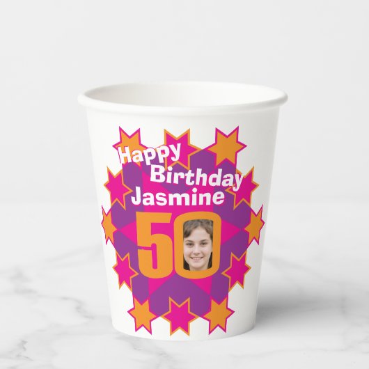 Sterroze goudgele 50e verjaardag twee foto's papieren bekers (Voorkant)