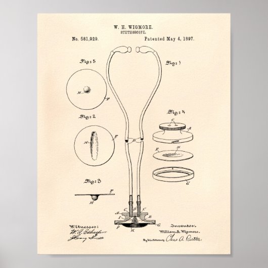 Stethoscoop 1897 Patent Art Old Peper Poster (Voorkant)