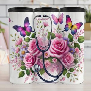 Stethoscoop Rozen Vlinders Elegante Verpleegster Thermosbeker