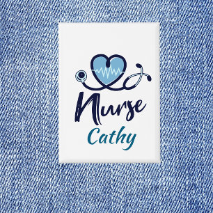 Stethoscoop Verpleegster Blauw Hart Personaliseer Button