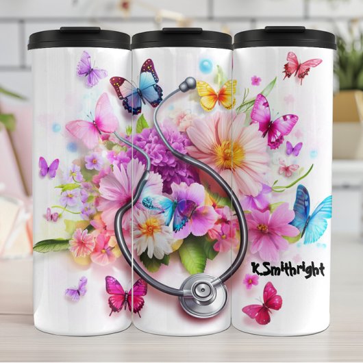 Stethoscope Flowers Butterflies Personalized Tribu Thermosbeker