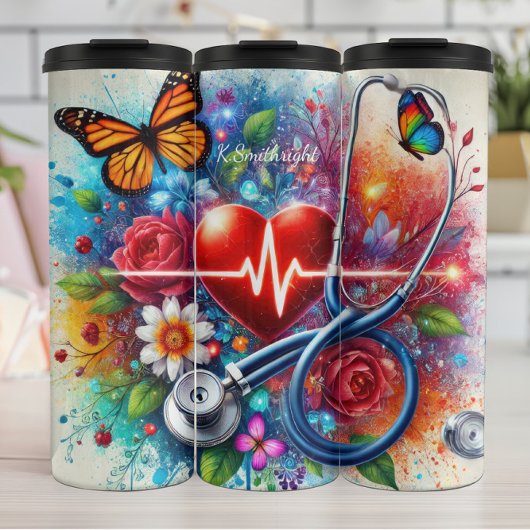 Stethoscope Heart Butterfly Colorful Nurse Thermosbeker