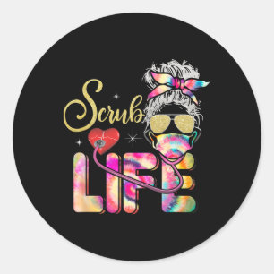 Stethoscope Scrub Life Nurse Day Tie Dye Bun Ronde Sticker
