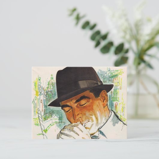 Stetson pet man dat een sigaret verlicht briefkaart (Staand voorkant)