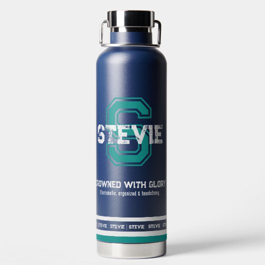 Stevie name: sportmonogram blauwgroen waterfles (Achterkant)