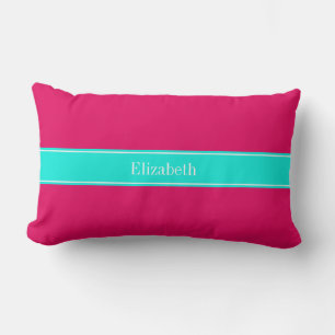 Stevige framboos, helder aqua lint Naam monogram Kussen