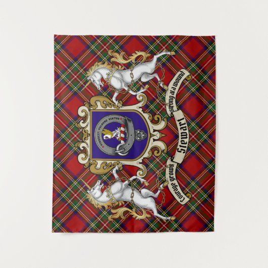 Stewart Clan Badge & Unicorns met Tartan Wandkleed (Voorkant)