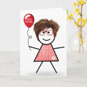 Stick Birthday Gingham Girl met Rode ballon Kaart (Gele Bloem)