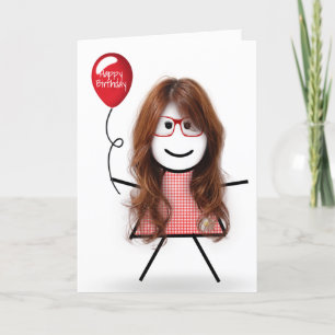 Stick Birthday Gingham Girl met Rode ballon Kaart