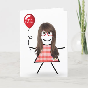 Stick Birthday Gingham Girl met Rode ballon Kaart