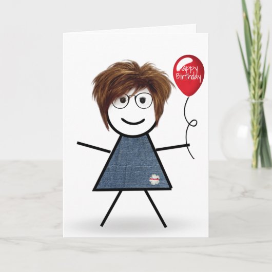 Stick Birthday Girl met ballon Kaart (Voorkant)