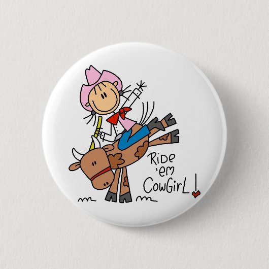 Stick Cowgirl Riding Bull Button (Voorkant)