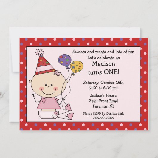 Stick Figure Baby Girl 1er Birthday Invitation (Devant)
