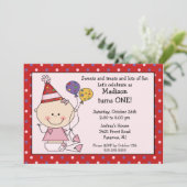 Stick Figure Baby Girl 1er Birthday Invitation (Debout devant)