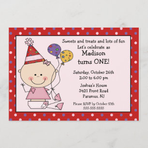 Stick Figure Baby Girl 1er Birthday Invitation
