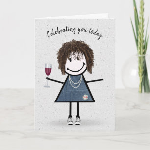 Stick Figuur Birthday Girl met Wine Glass Kaart