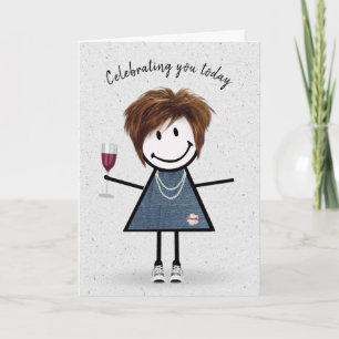 Stick Figuur Birthday Girl met Wine Glass Kaart