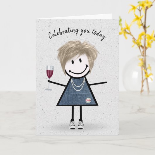 Stick Figuur Birthday Girl met Wine Glass Kaart (Gele Bloem)