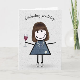 Stick Figuur Birthday Girl met Wine Glass Kaart