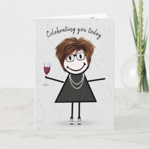 Stick Figuur Birthday Girl met Wine Glass Kaart