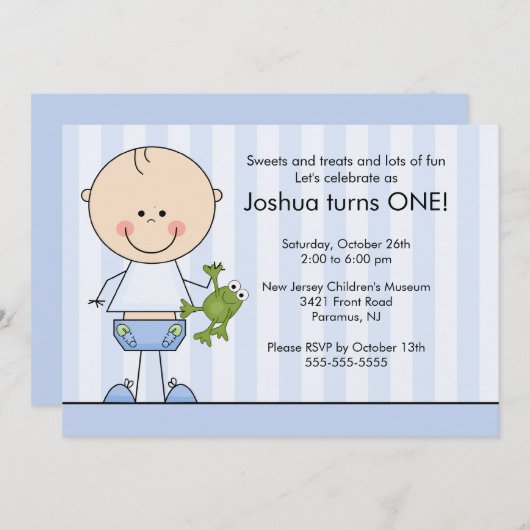 Stick figuur Boy 1st Birthday Uitnodiging (Voorkant / Achterkant)