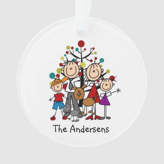 Stick Figuur Familie van 4, Cat Dog Acrylsiermidde Ornament (voorkant)