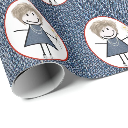 Stick Figuur Girl in Sneakers op Blue Denim Cadeaupapier (Rol Hoek)