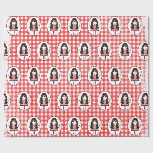 Stick Figuur Girl in Sneakers op Gingham Cadeaupapier (Vlak)