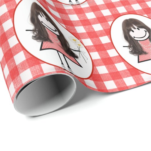 Stick Figuur Girl in Sneakers op Gingham Cadeaupapier (Rol Hoek)