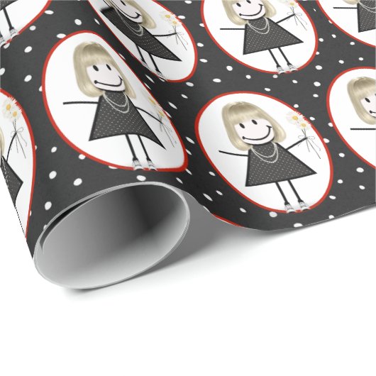 Stick Figuur Girl in Sneakers op Polka Dots Cadeaupapier (Rol Hoek)