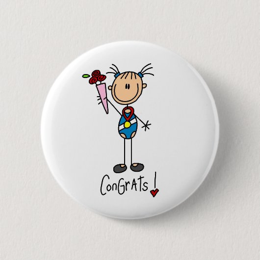 Stick Figuur Girl Winning Medal Button (Voorkant)