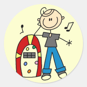 Stick Figuur Jongen met Jukebox Tshirts en geschen Ronde Sticker